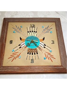 Vintage Navajo Sand Art Wall Clock Southwestern Turquoise Signed Tested Good